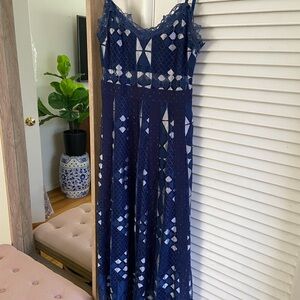 Foxiedox Blue and Silver/Metallic Lace MidiFitted Strappy Dress